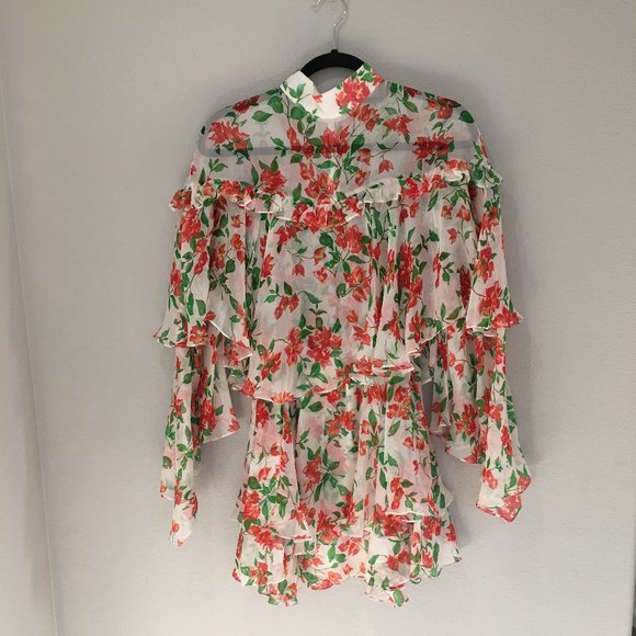 Caroline Constas white, red and green floral high neck long sleeve chiffon dress - Picture 2 of 4
